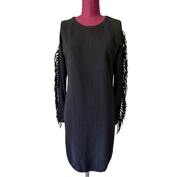 Neiman Marcus Cashmere Dress size M Black Fringe Long Sleeve Knee Length - Picture 1 of 8